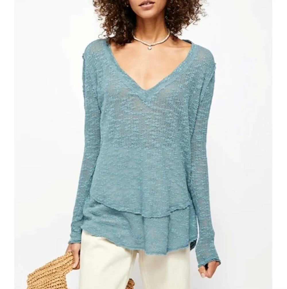 We the Free Teal Green Ocean Air Hacci Top V-neck Relaxed Knit Free People XS
